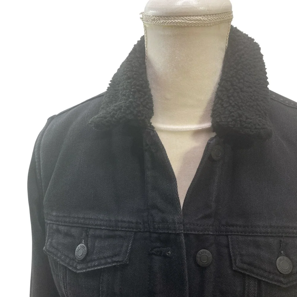 Old Navy Black Denim Jacket Sherpa Lined Tall Size‎ S Winter Button Front